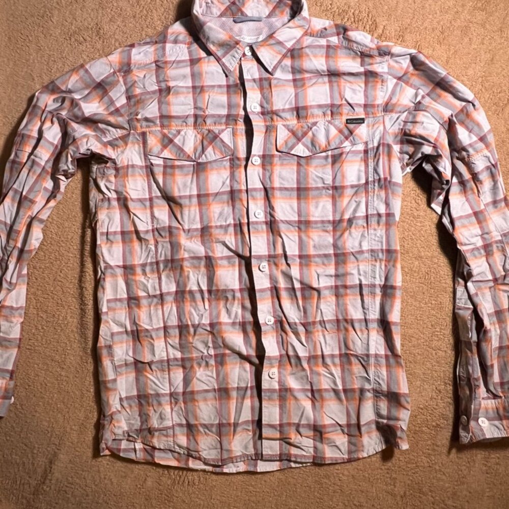 Columbia Men‎ Small Gray White Orange Plaid Pocket Long Sleeve Button Down Shirt